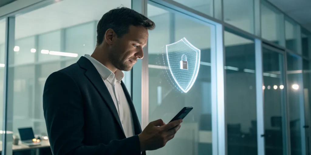A person uses facial recognition on a smartphone with a security shield to prevent account takeover.