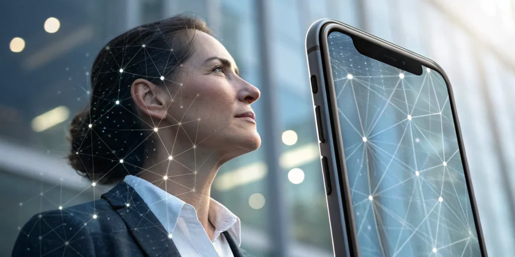 A woman's face is scanned by secure on-device facial recognition on a smartphone.