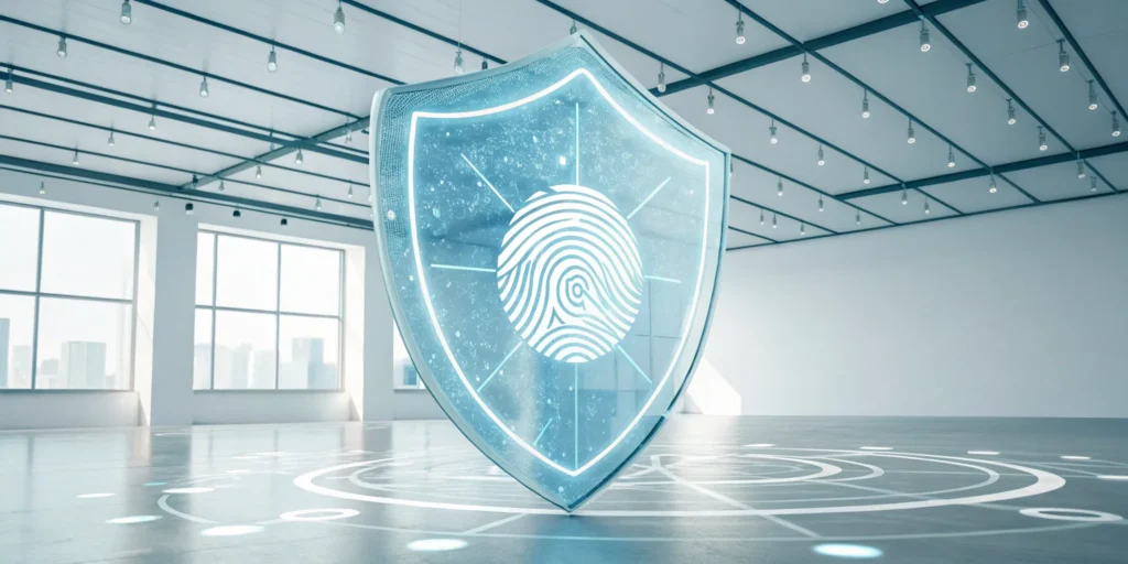 A digital shield and fingerprint icon helps you detect AI bots and protect your online identity.