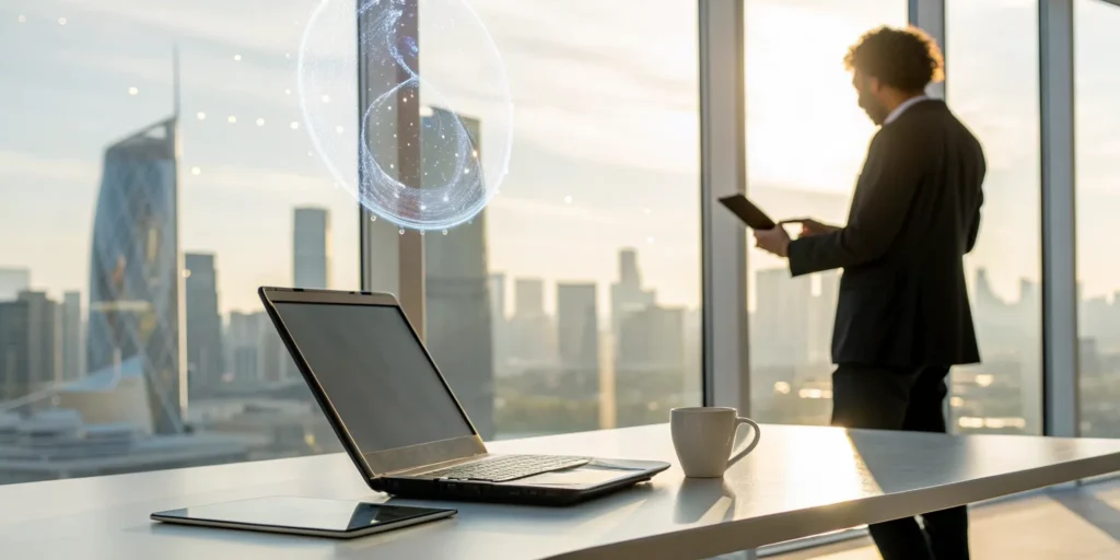 Businessman getting a demo of private biometric verification on a tablet.