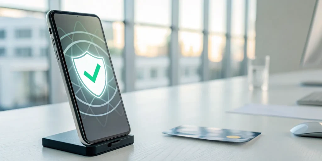 A smartphone with a security shield and checkmark for verifying age without collecting personal data.