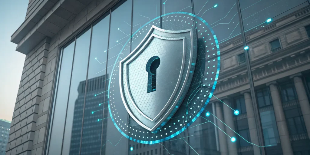 A digital shield over a financial building demonstrates NYDFS cybersecurity compliance.