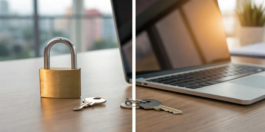 A padlock and keys next to a laptop, comparing the security of passkeys vs passwords.