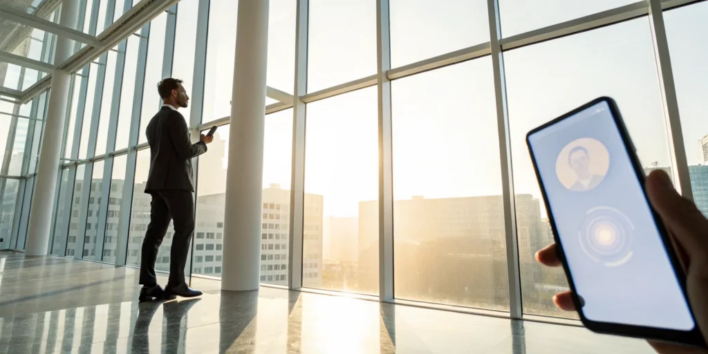 Person using a smartphone to complete a secure sign up with liveness detection.