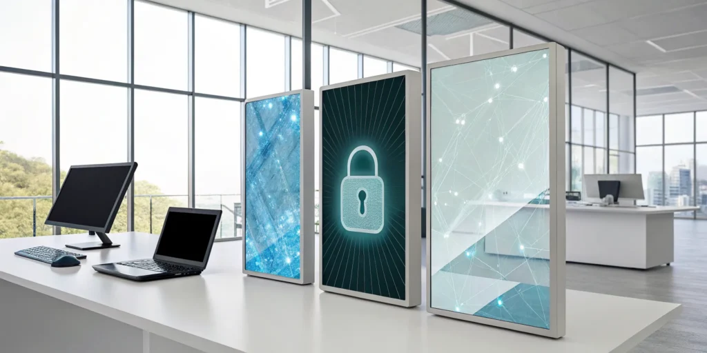 A digital lock over network screens, symbolizing the 3 ways to stay safe online.