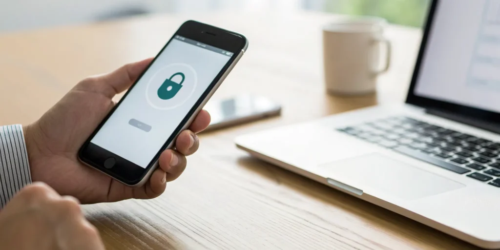 User frustrated by the friction of SMS MFA on a smartphone with a lock icon.