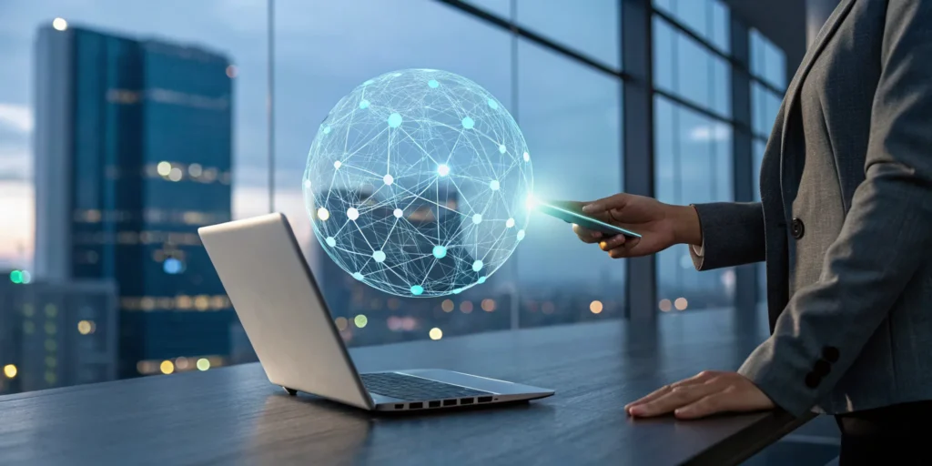 A person using a laptop to create fake identities within a digital network for a Sybil attack.