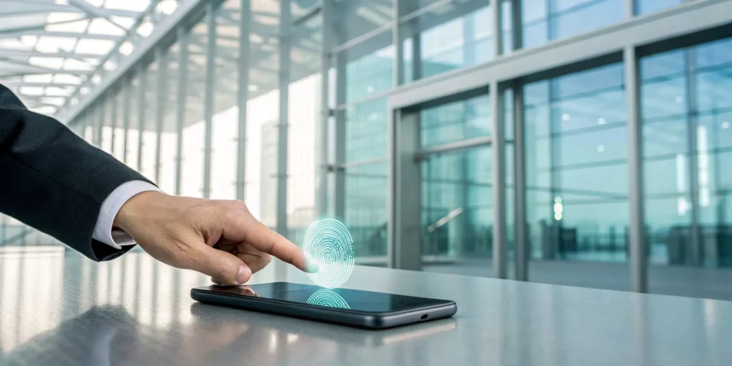 A finger unlocking a smartphone using fingerprint biometric authentication.