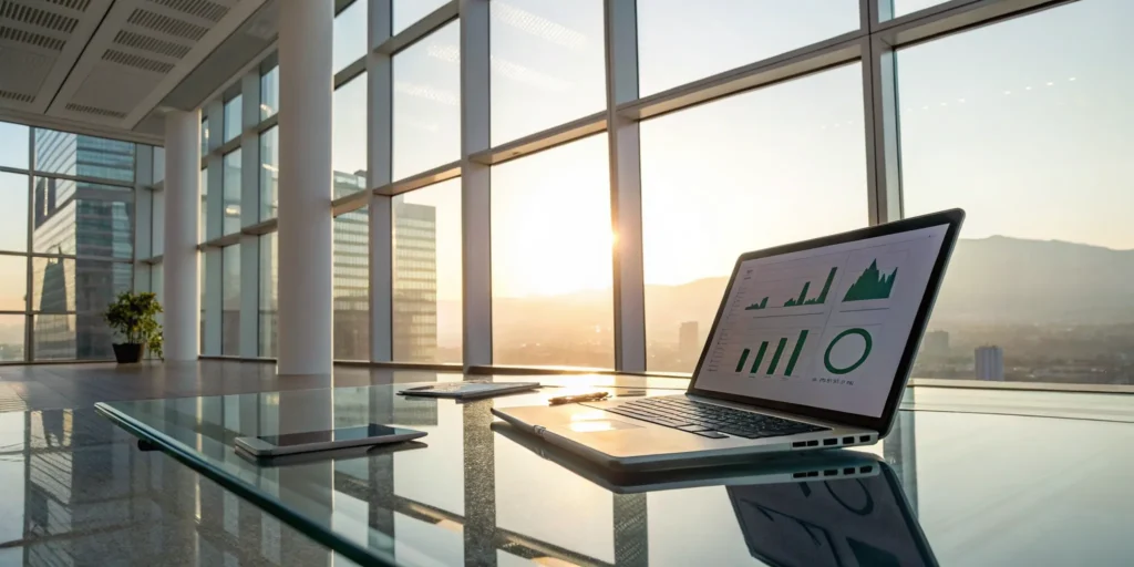 Laptop on a desk showing a continuous compliance dashboard with analytics.