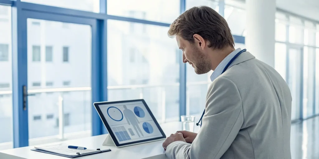 Healthcare professional performing demographic data verification on a tablet.