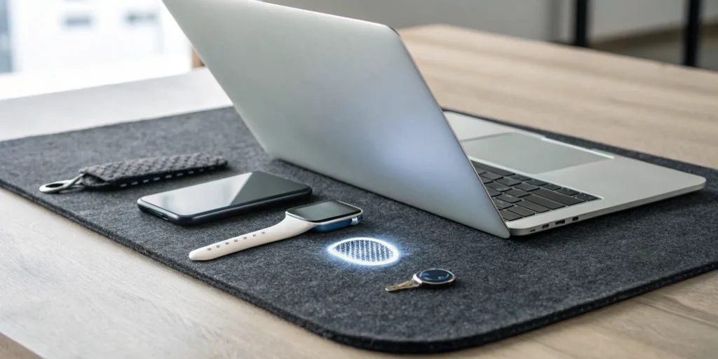 A laptop, smartphone, and security key used as MFA factors on a desk.