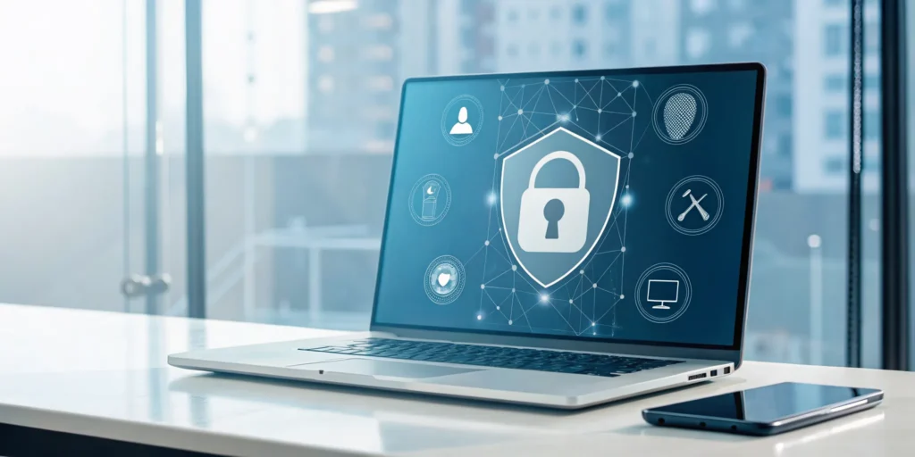 Laptop with a padlock icon showing compliance with GDPR age verification requirements.