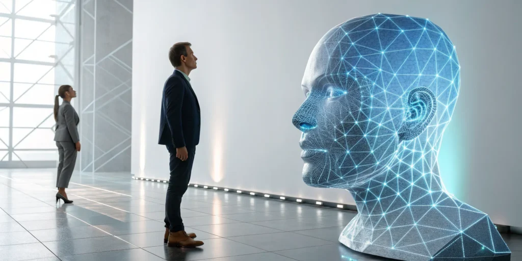 A digital biometric face scan used for 1:N matching to identify a person within a large database.
