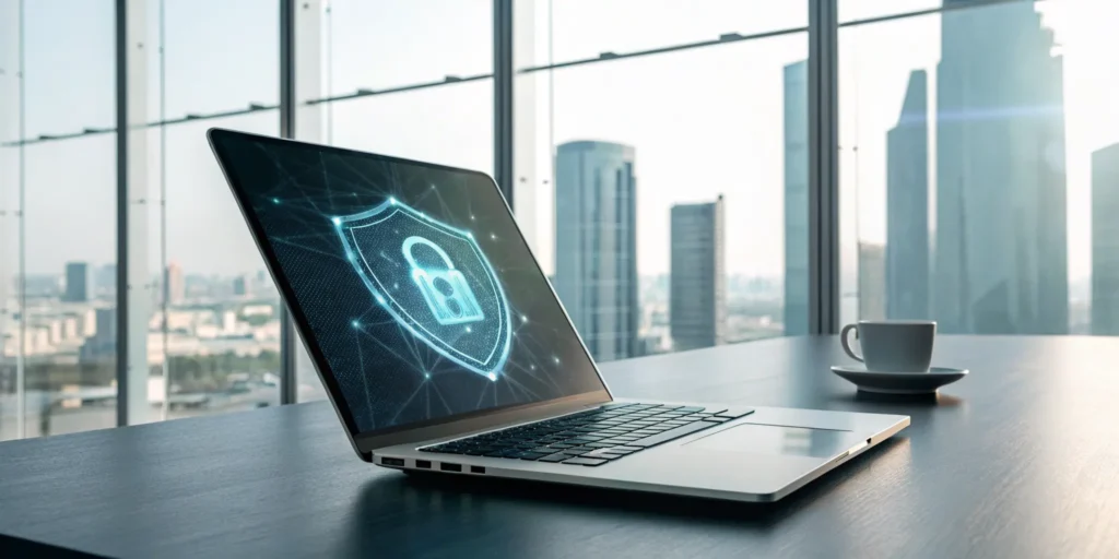 A digital padlock on a laptop screen protects against the common types of electronic fraud.