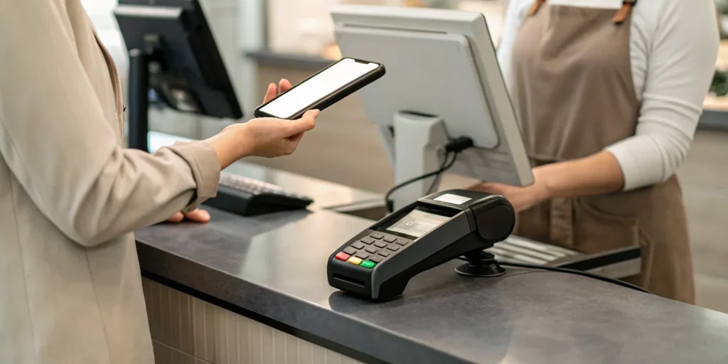 Cashier verifying a mobile coupon on a phone to stop fraud at redemption.