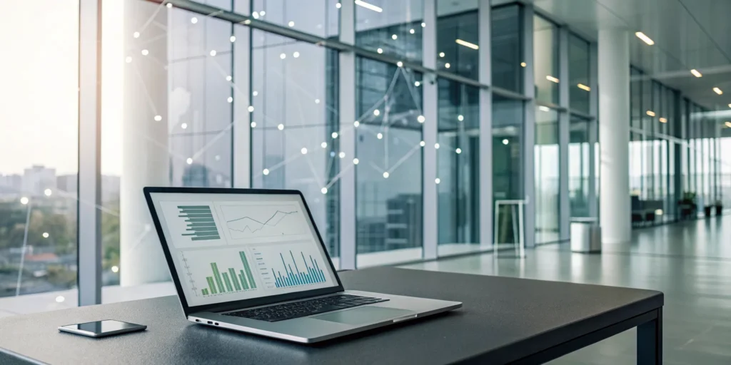 Analytics dashboard on a laptop for detecting and preventing referral fraud.