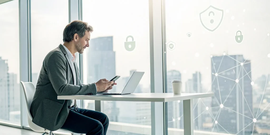 Person completing one person, one account verification on a laptop and smartphone.