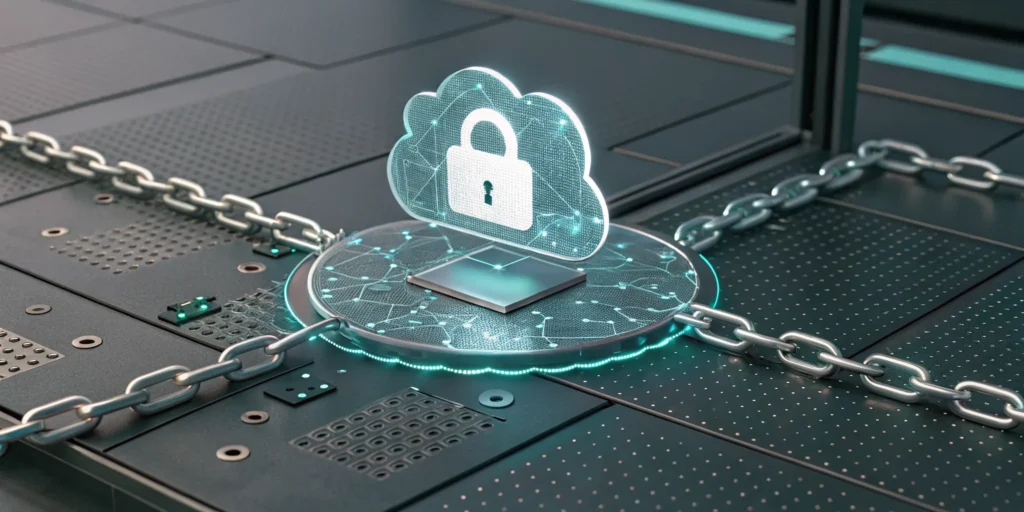 A digital lock securing interconnected services within a secure production identity framework.