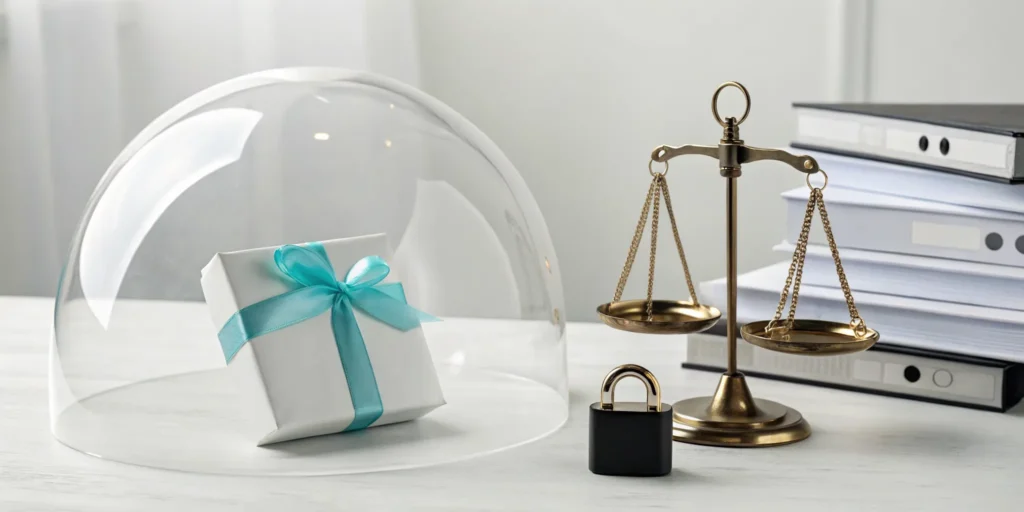 A gift box, scales of justice, and padlock for regulatory compliance for promotions.