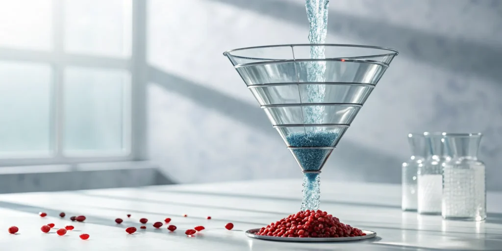 A glass funnel filtering blue particles from red beads to achieve false positive reduction.