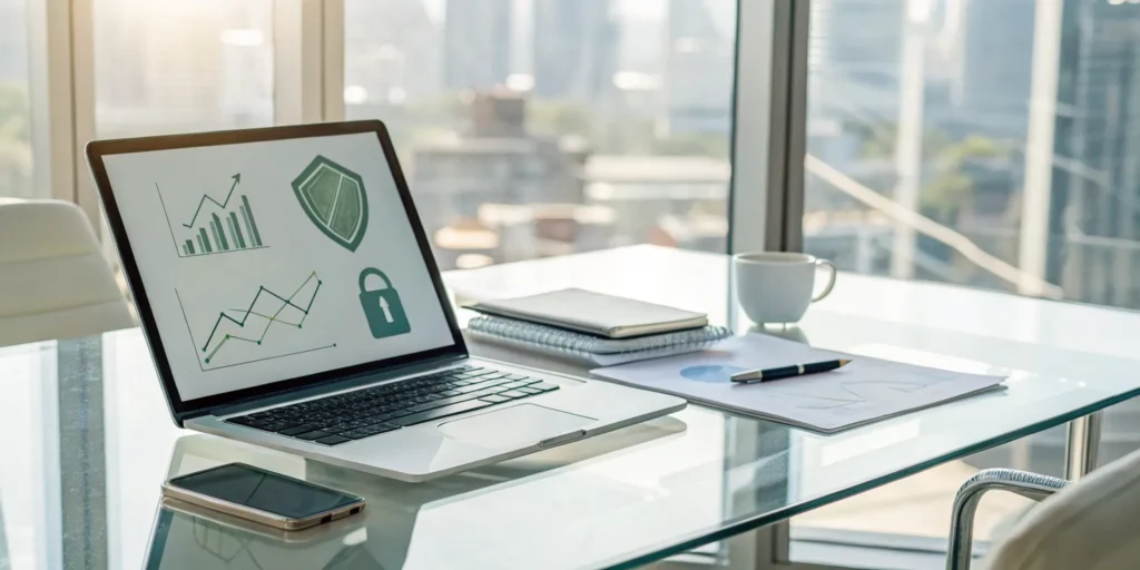Laptop with security icons and financial graphs for fraud loss recovery.