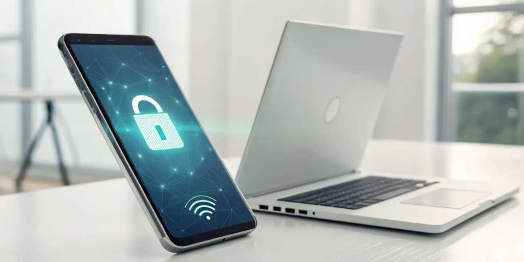 A smartphone with a padlock icon securing a laptop, a method that helps control online fraud.