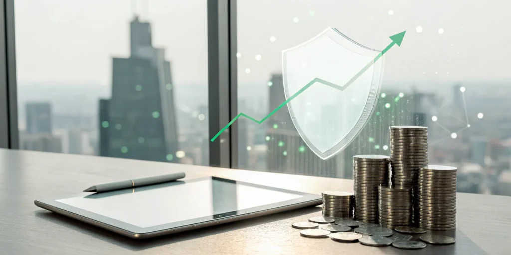 A tablet calculating promo fraud prevention ROI next to coins and an upward arrow.