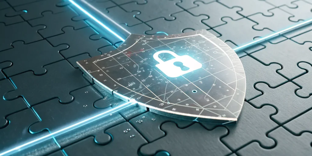 A shield with a padlock protects against CIAM security gaps on a digital puzzle background.