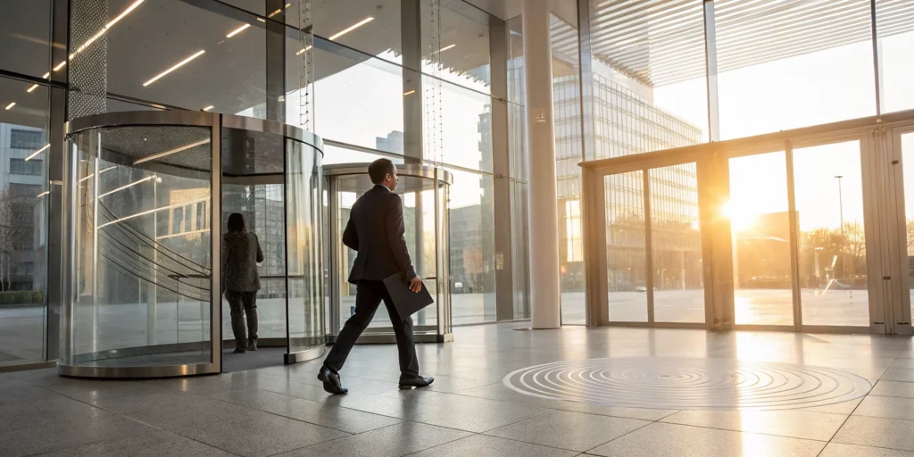 A person entering an office, secured by silent-continuous verification.
