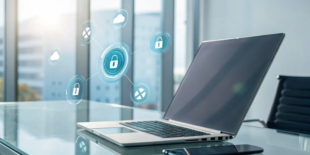 Laptop displaying icons of common online risks and digital security measures.