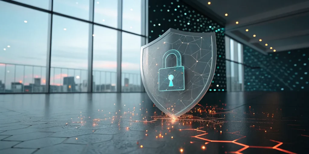 A digital shield with a padlock, representing defense against a modern cyber attack.