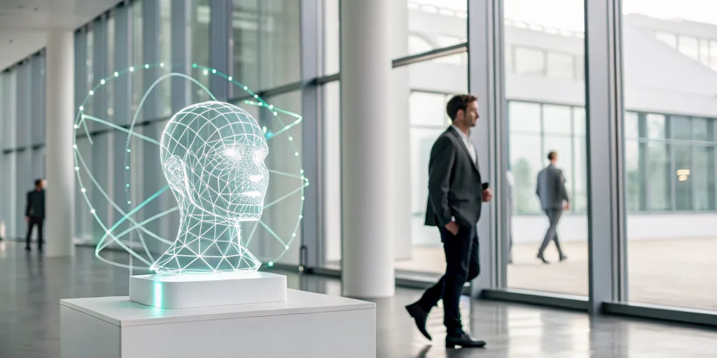 A digital wireframe of a human face for a face-based uniqueness check.
