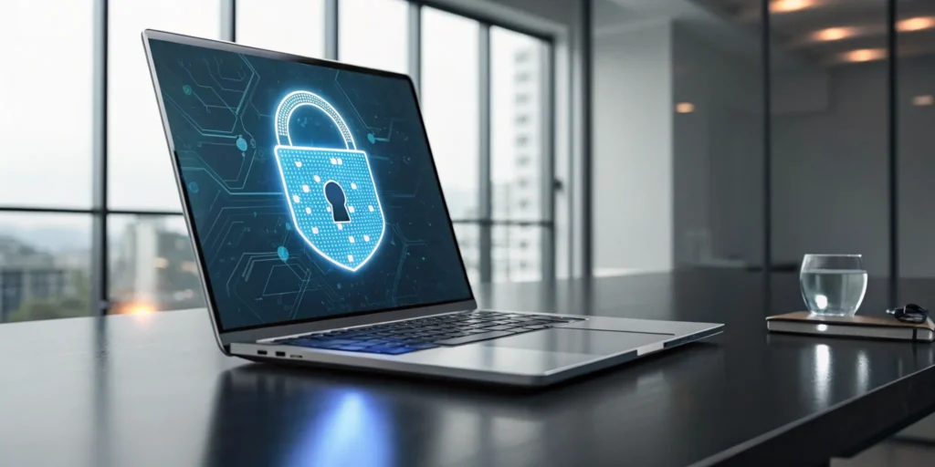 A digital padlock on a laptop screen, a defense against a password stuffing attack.