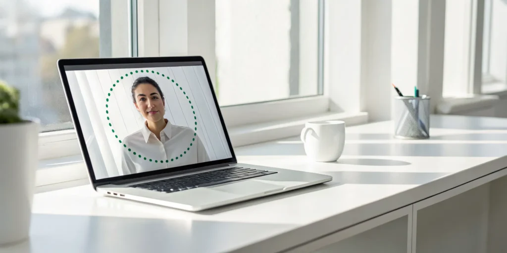 A woman completes a browser-native camera verification on her laptop.