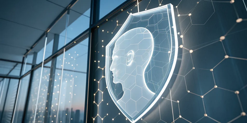 A user profile icon inside a shield on a network, representing a secure and privacy-preserving identity.