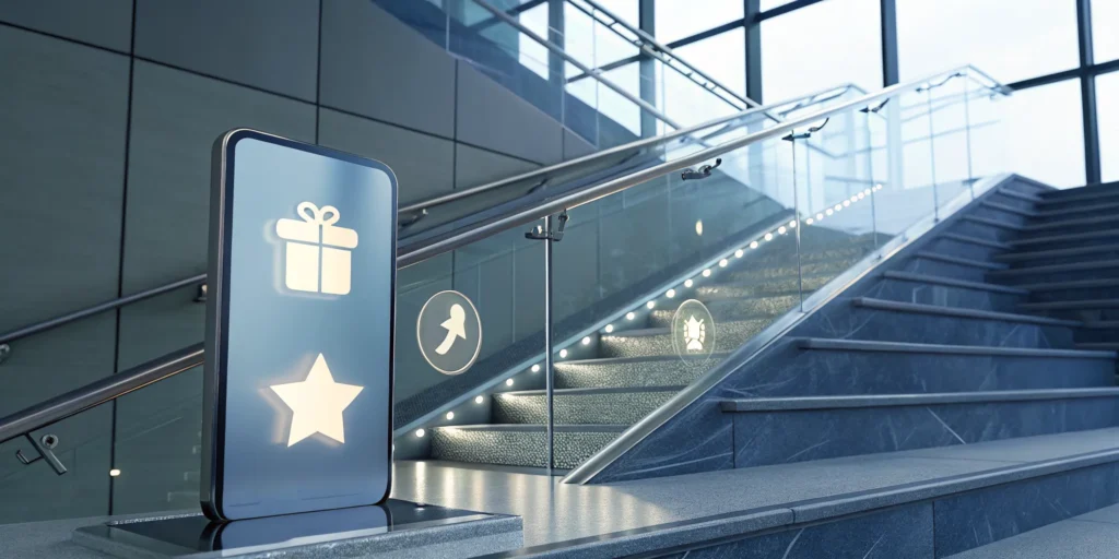 Glowing reward icons on a staircase demonstrate reward stacking.