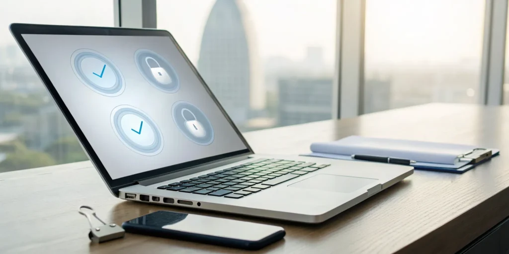 Laptop screen with security icons showing the safety of two-click verification.