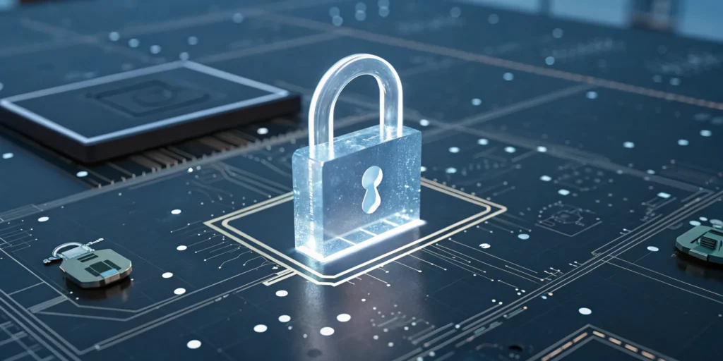 A digital padlock on a circuit board protects the unique identity of an IoT device.