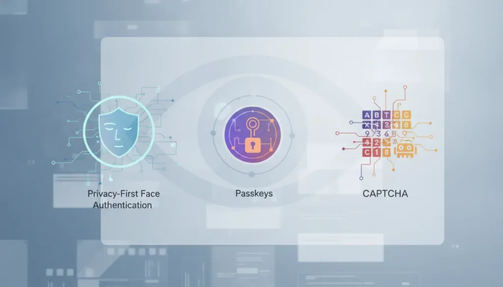 Face authentication security interface comparing passkeys and CAPTCHA