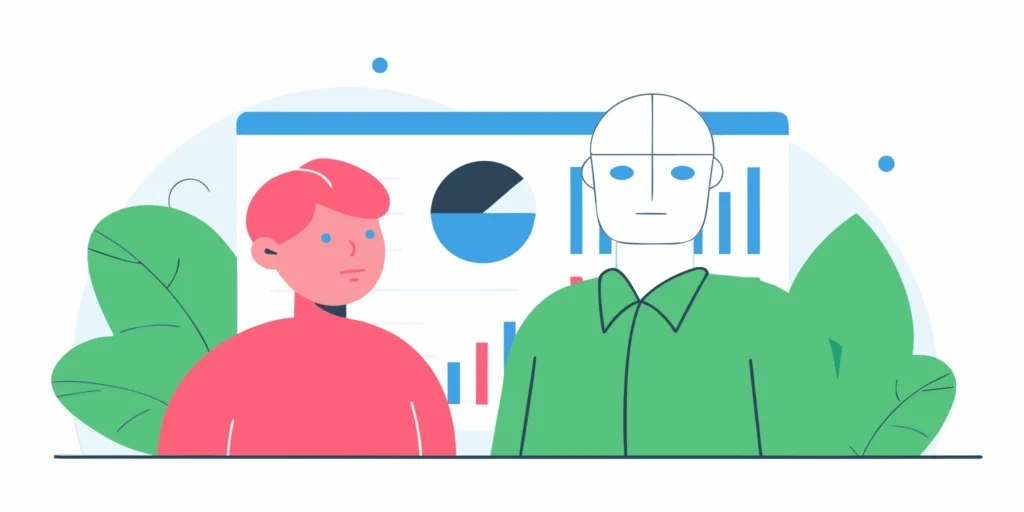 A robot and person review charts on face verification and biometric data storage.