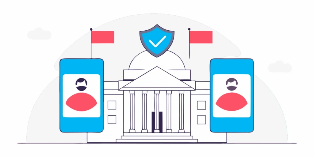 A security shield over a government building shows human verification standards for digital services on a smartphone.