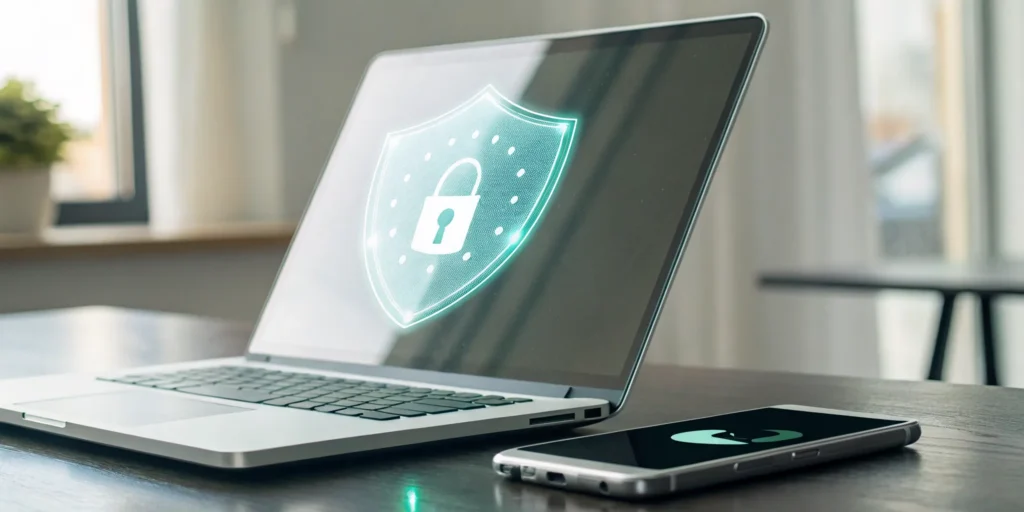 Laptop and smartphone with a security shield icon for multi-factor authentication.