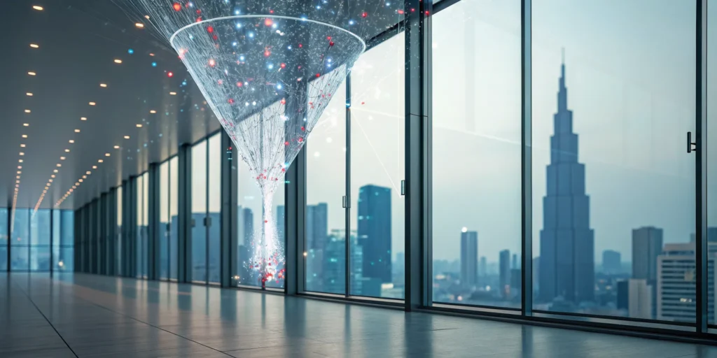 Fraud filters analyzing transaction data points flowing through a digital security funnel.