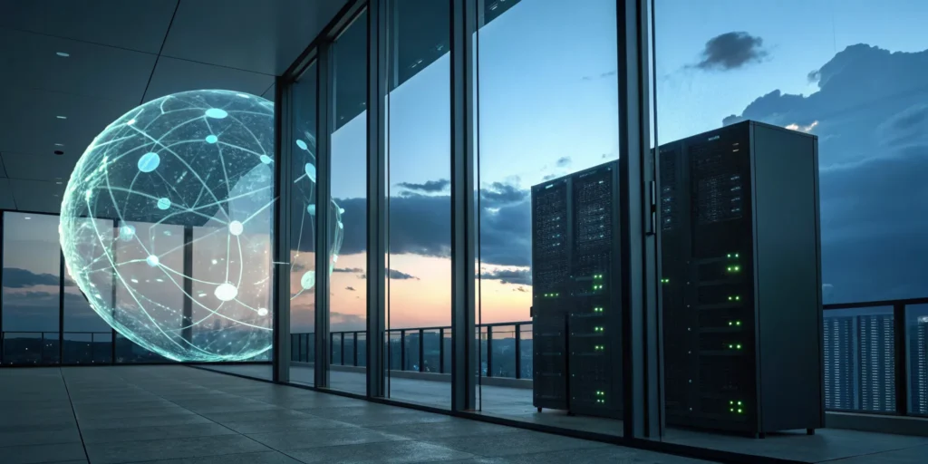 Digital globe in a server room displaying the network connections of a global attack surface for management.