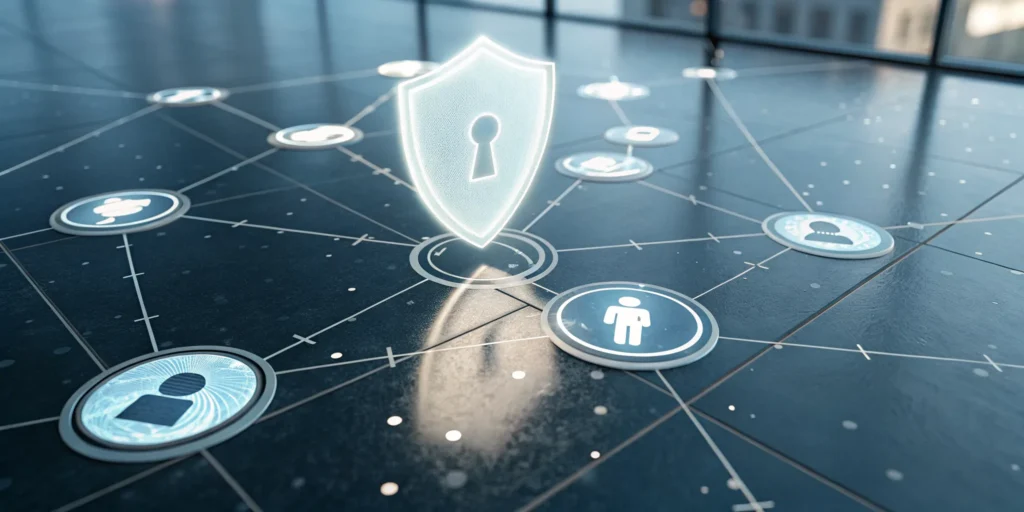 A digital shield protecting a network of user icons for secure identity management.