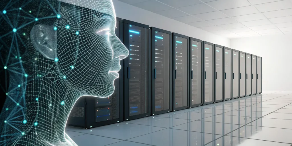 A wireframe face scan is analyzed for server-side liveness by a neural network and server racks.