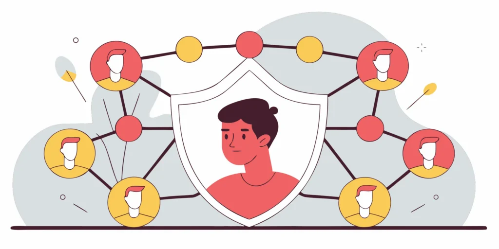 Digital shield and human face representing cryptocurrency identity verification for exchanges and Web3 platforms