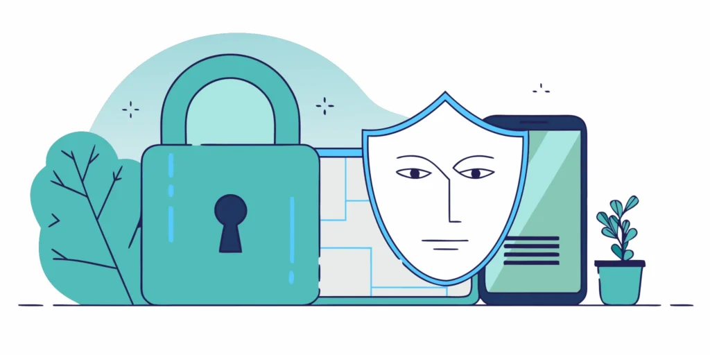 Abstract illustration of a human face outline transforming into a digital verification checkmark, representing privacy-first facial verification