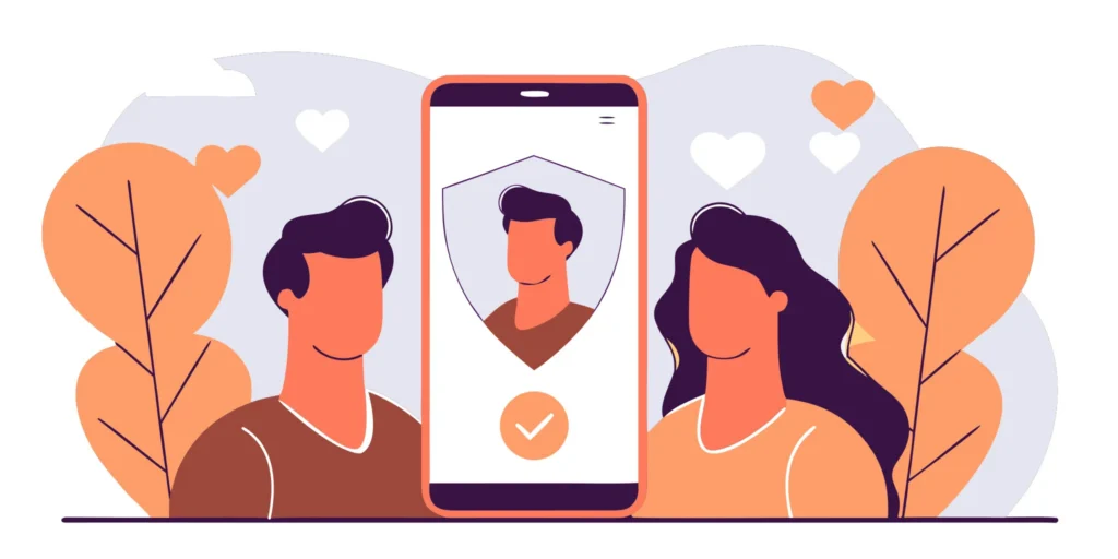 Smartphone with a dating app profile showing a verification badge and abstract human silhouettes representing genuine connections