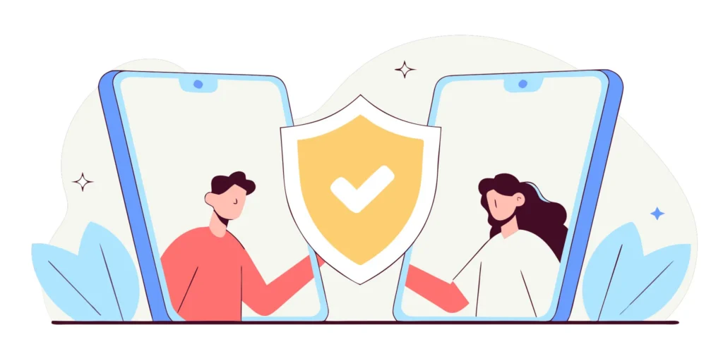 Two smartphone screens facing each other with a shield and checkmark between them, representing peer-to-peer marketplace trust and verification